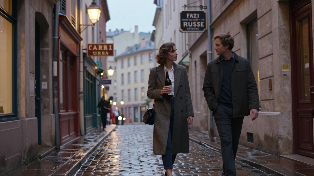 A woman guiding a client through Lyon&#039;s charming alleyways with wine in hand.