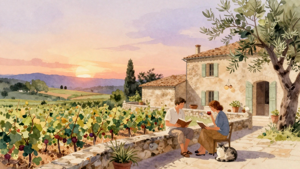 Two people enjoying a peaceful evening on a Provence villa terrace at sunset.